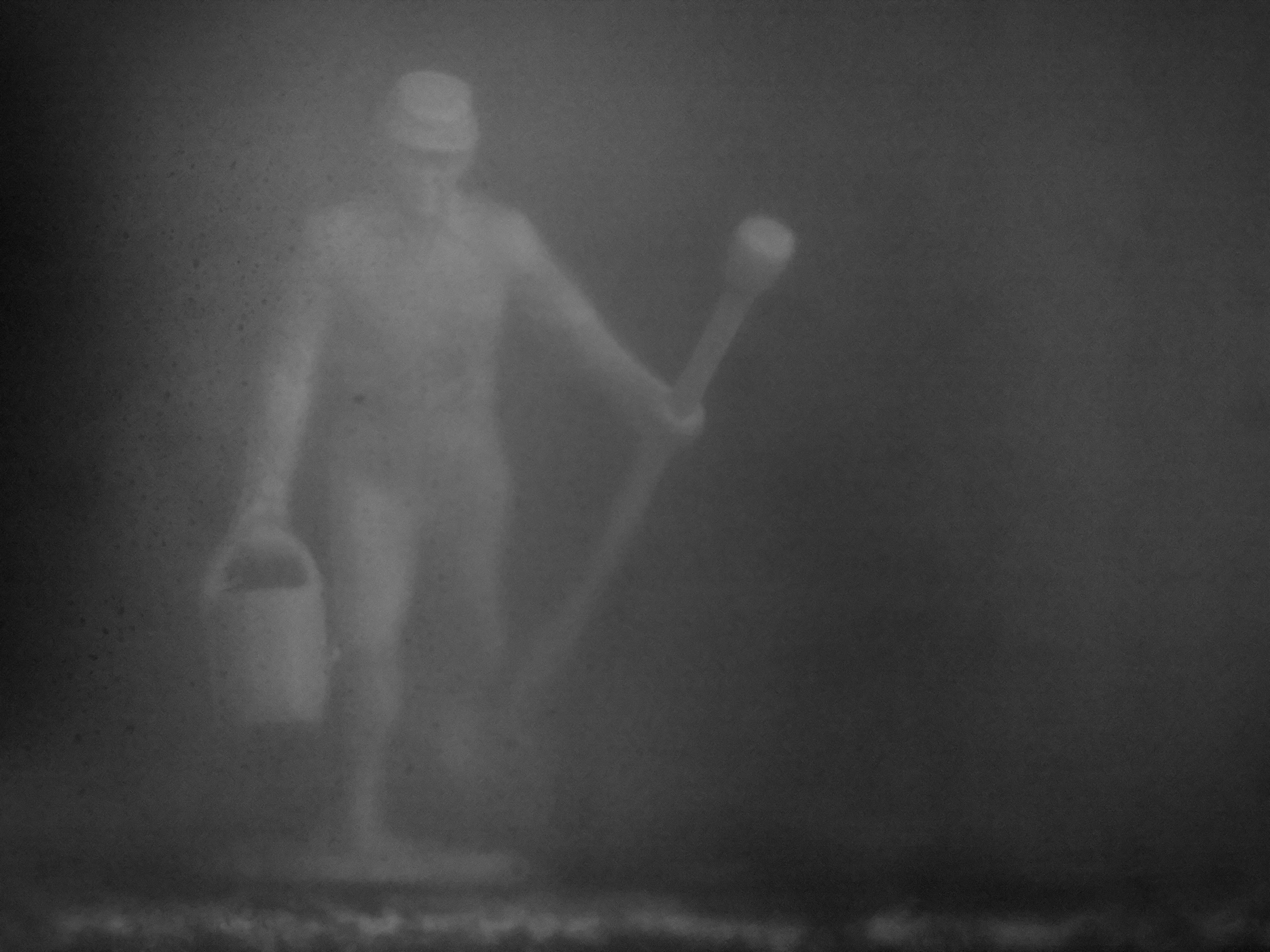 Hazy monochrome figure carrying two objects